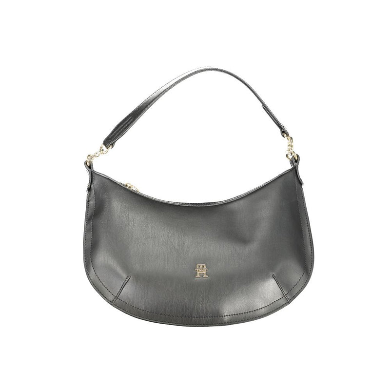 Black polyurethane crescent hobo handbag with a short shoulder strap and gold logo