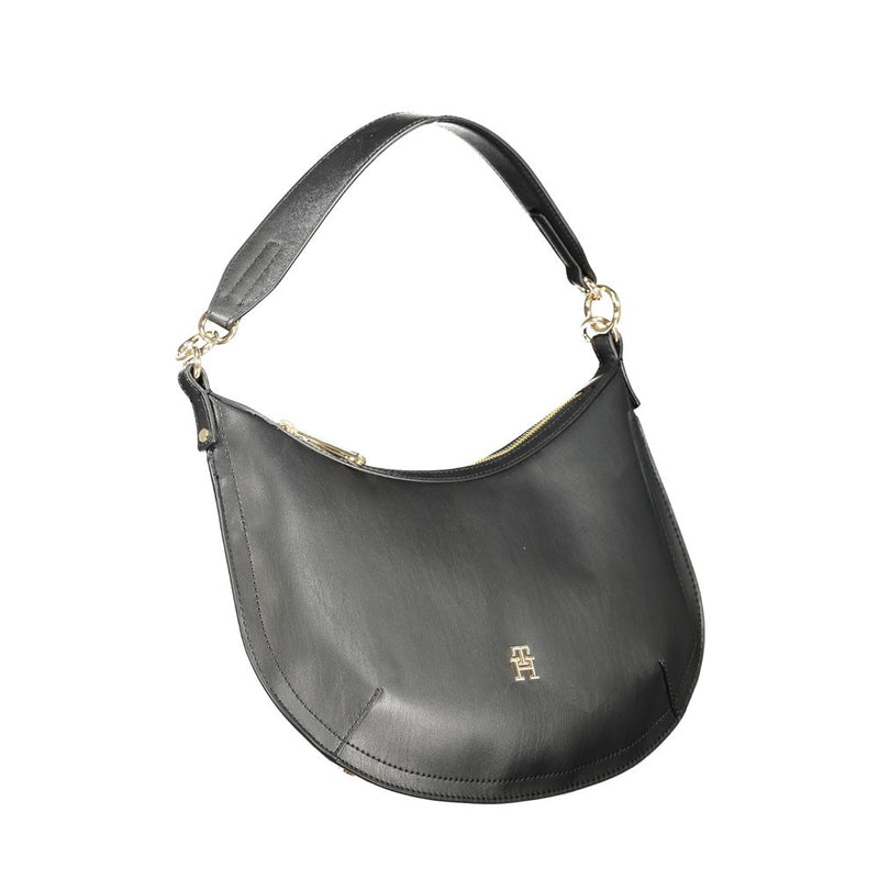 Black polyurethane hobo shoulder bag with a curved design, gold hardware, and a single strap