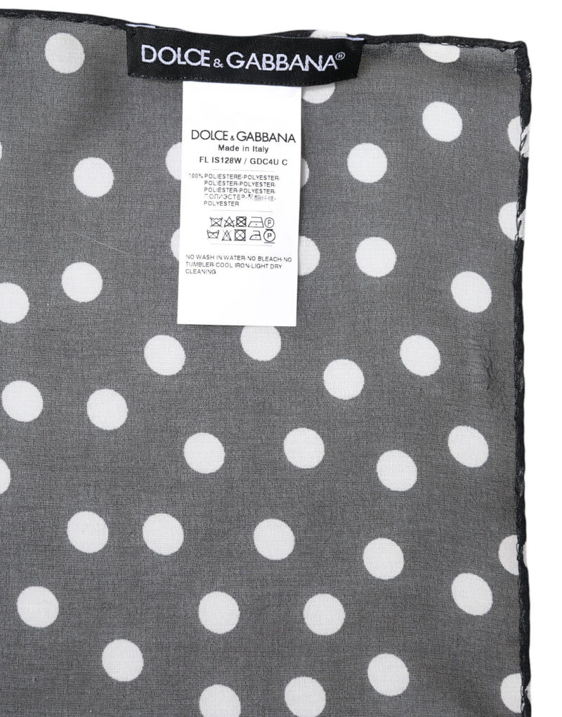 Black polyester shawl scarf with white polka dots and brand label