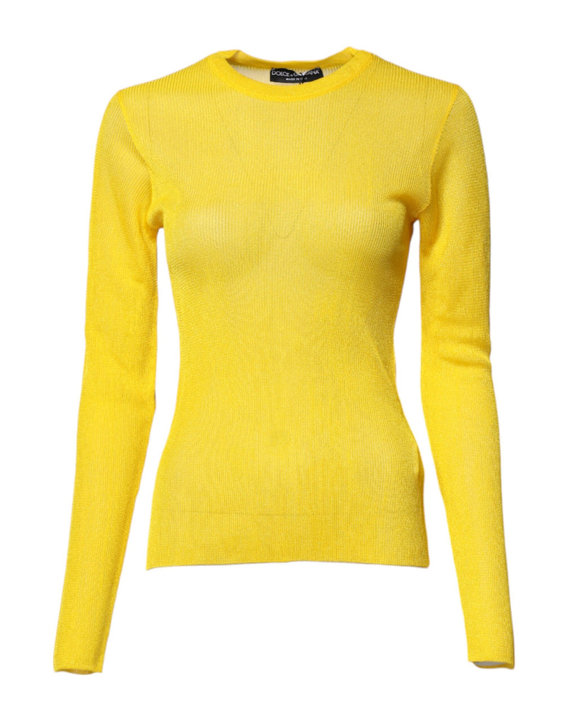 Bright yellow sheer knit crewneck pullover sweater with long sleeves