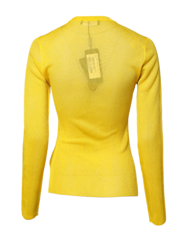 Yellow polyester long-sleeve women's pullover sweater shown from the back