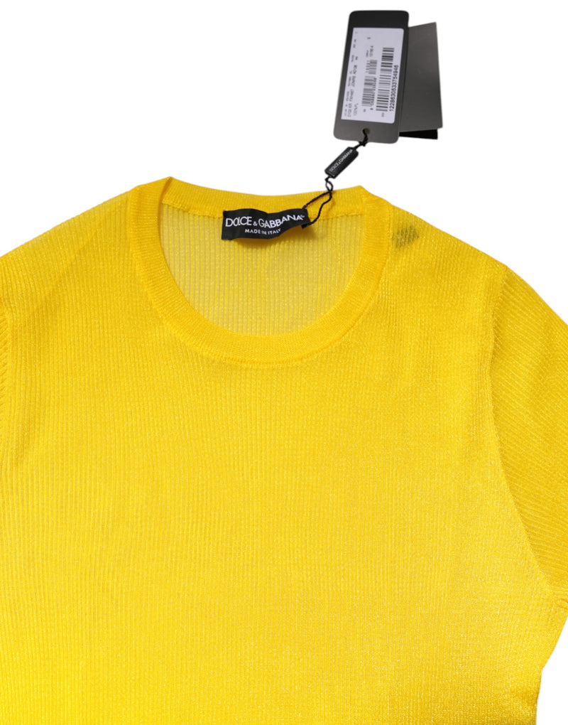 Yellow ribbed knit polyester pullover sweater with crew neck and brand tag