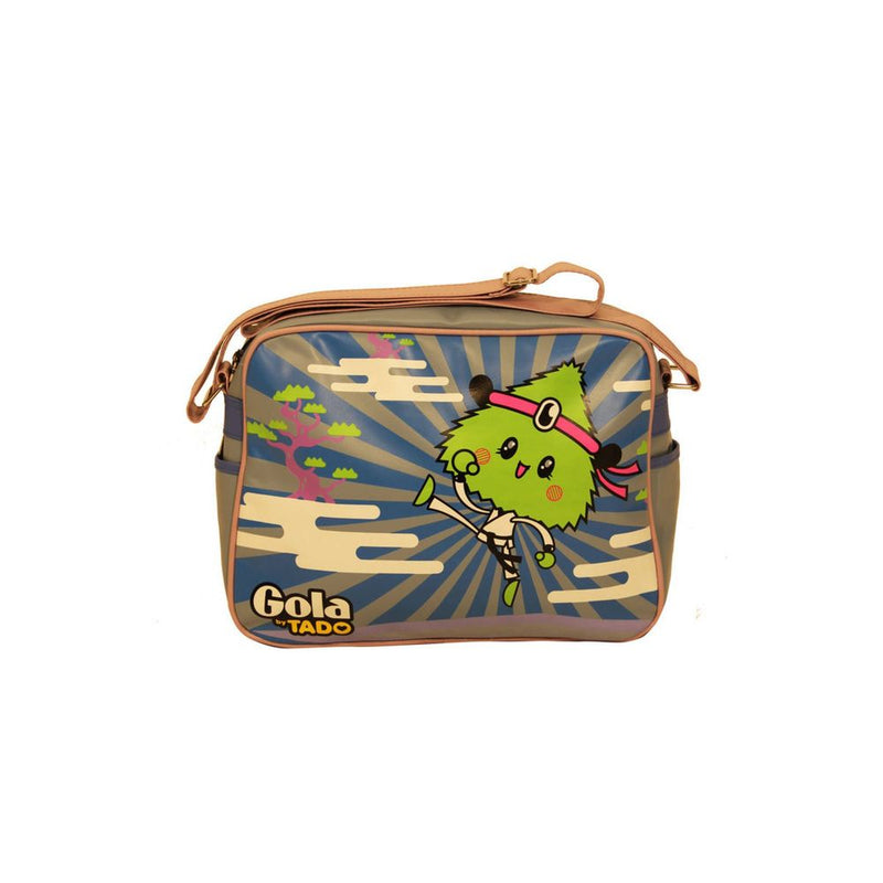 Blue and green synthetic messenger bag with a cartoon graphic and tan strap