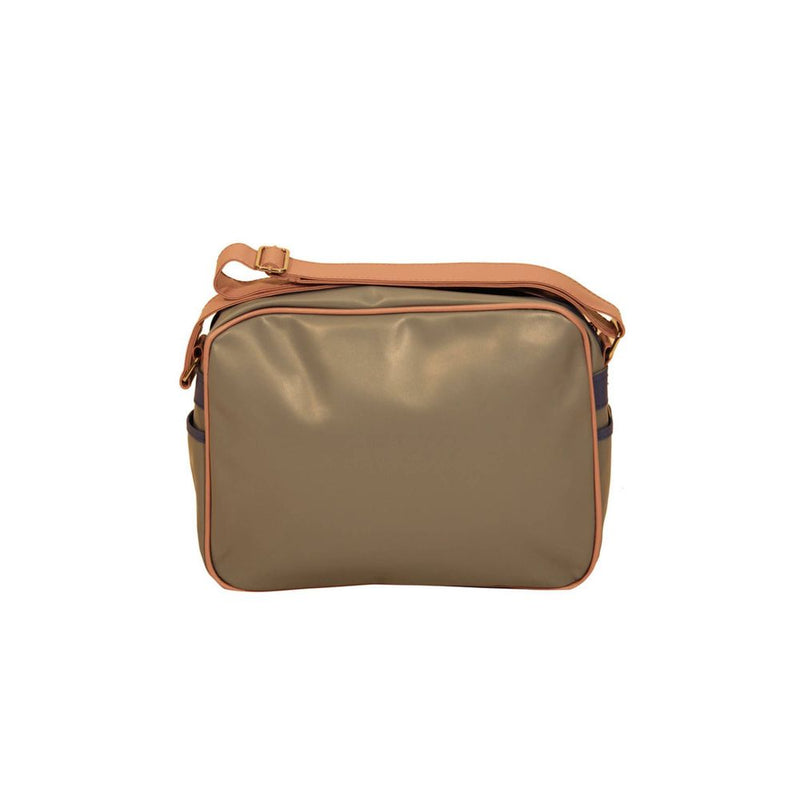 Grey synthetic women handbag with pink trim and strap
