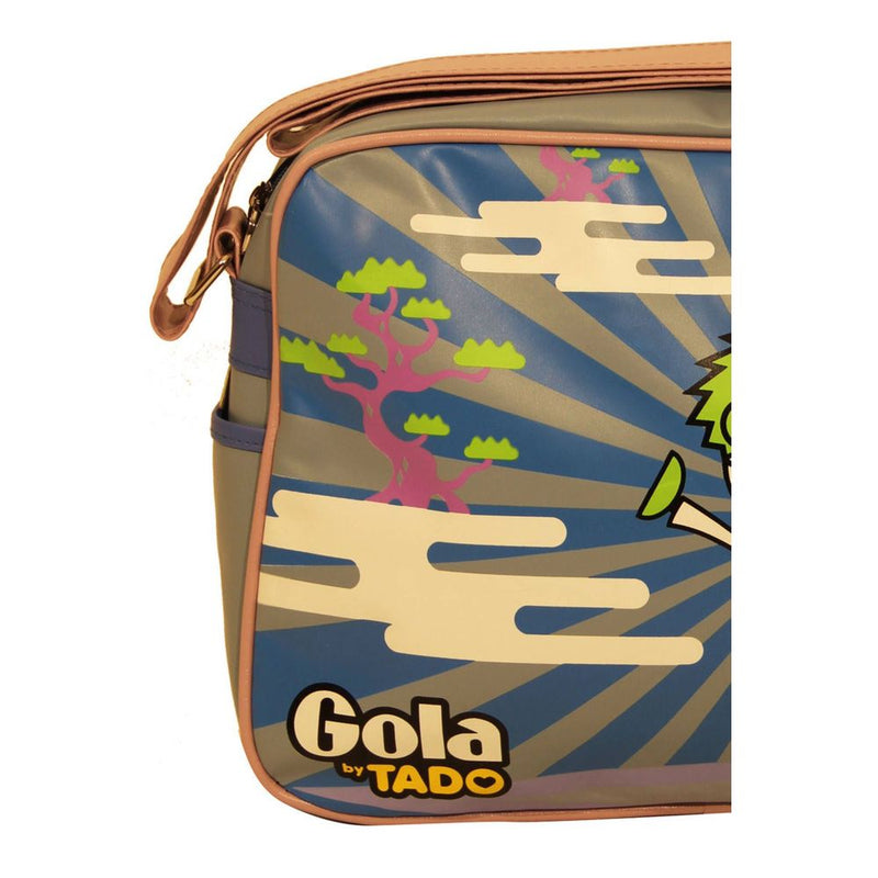 Blue and grey synthetic messenger bag featuring colorful Japanese art and Gola by TADO branding
