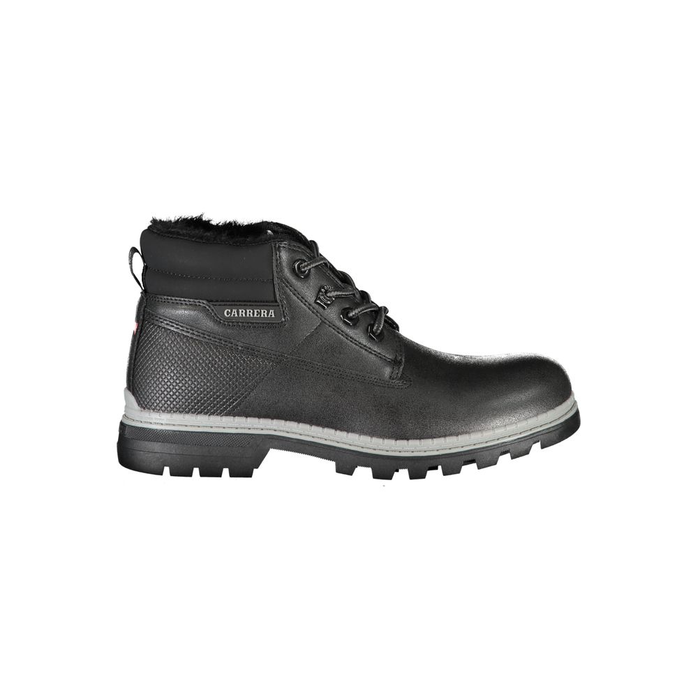 Carrera black polyurethane women's ankle boot with faux fur lining, lace-up front, and textured side panel.