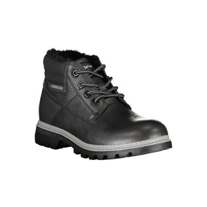 Carrera black polyurethane women's ankle boot with lace-up front, faux fur lining, and a thick lugged sole.