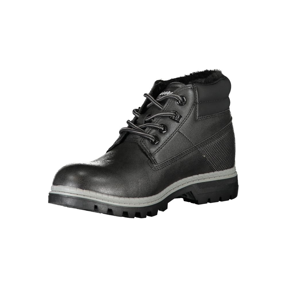 Black Carrera women’s lace-up ankle boot in polyurethane with a padded collar, faux fur lining, and gray lug sole.