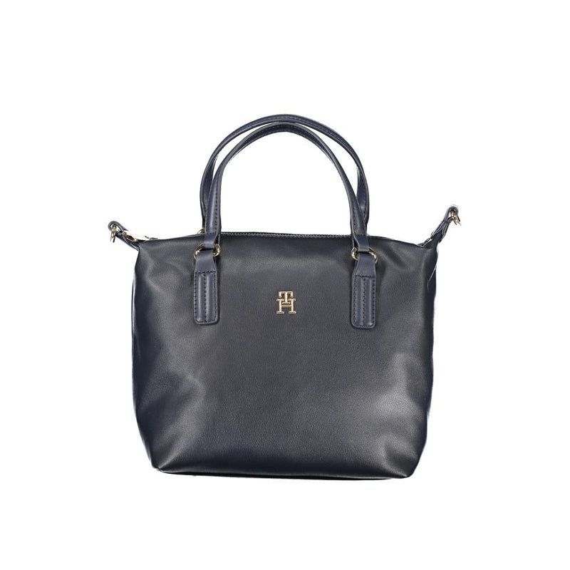 Navy blue polyester women's handbag with dual top handles and gold logo hardware
