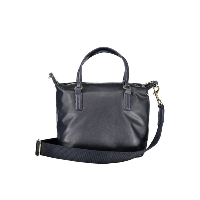 Navy blue polyester women handbag with top handles and a shoulder strap