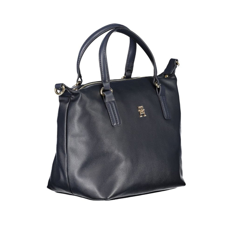Dark blue faux leather women's handbag with dual top handles and gold hardware