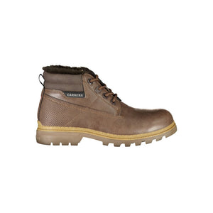 Brown polyurethane Carrera ankle boot with lace-up front, faux fur collar, and rugged treaded sole.