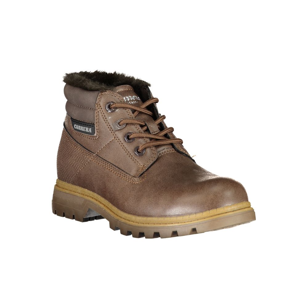 Carrera brown polyurethane women’s ankle boot with faux-fur lining, lace-up front, and textured lug sole.