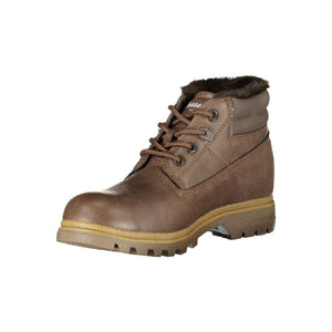 Carrera women’s brown polyurethane ankle boot with lace-up front, textured heel panel, and faux-fur collar.