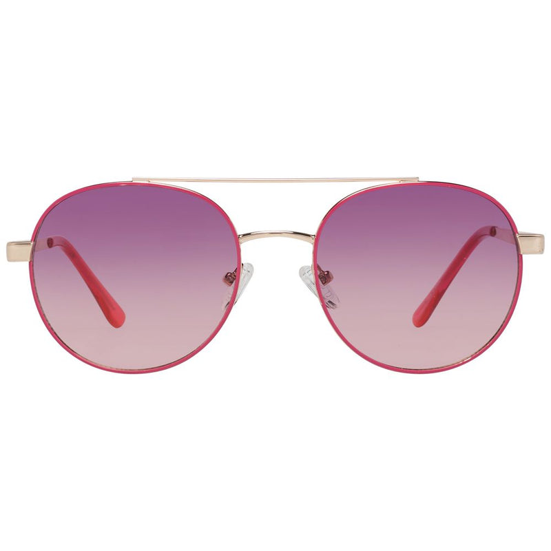 Rose gold metal sunglasses with round pink gradient lenses and a double brow bar