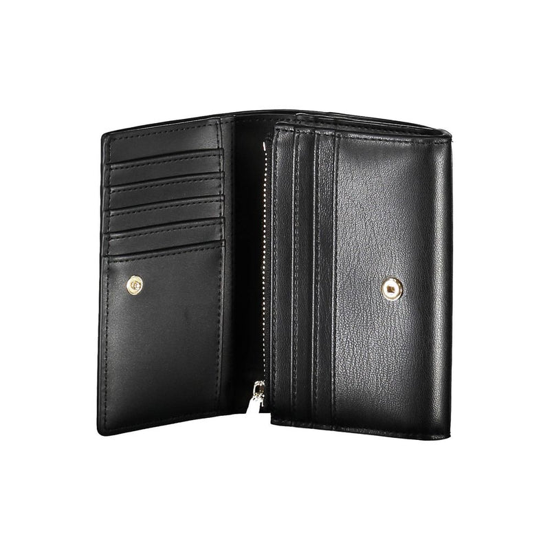 Open black polyurethane women's wallet with multiple card slots and snap closure