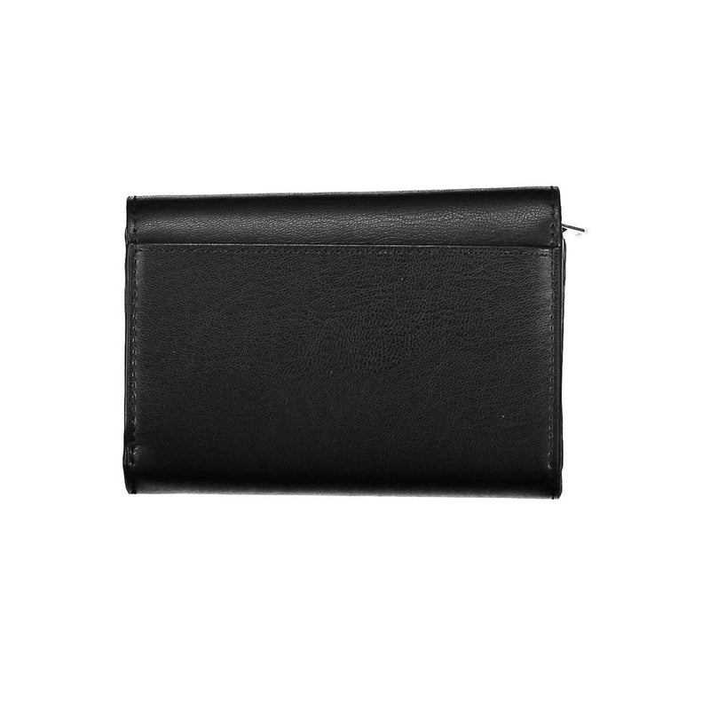 Black faux leather women's folding wallet against a white background