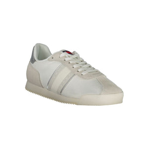 Tommy Hilfiger white polyester and suede women’s sneaker with sporty low-top design and side logo branding.