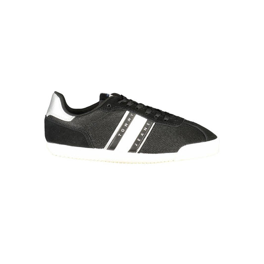 Black Tommy Jeans polyester sneakers for women with side logo stripes and white rubber soles.