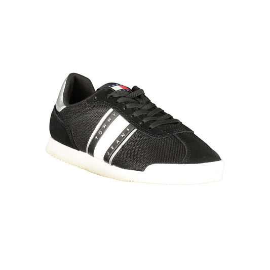 Tommy Hilfiger black polyester sneaker with white stripe logo detail and white rubber sole.
