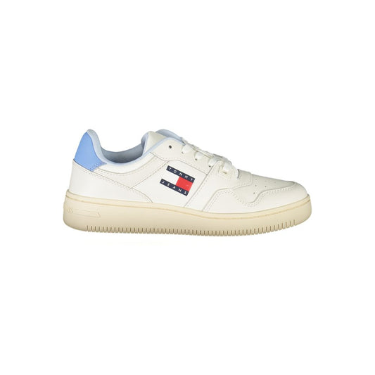 Tommy Hilfiger white polyurethane low-top women's sneaker with blue heel detail and logo branding on side.