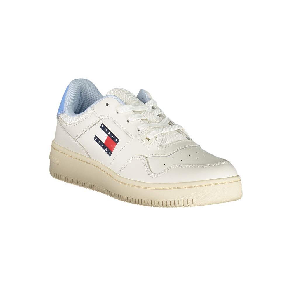 White Tommy Hilfiger polyurethane women's sneaker with lace-up front, logo patch, and light blue heel accent.