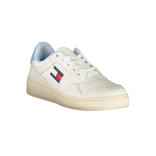 White polyurethane Tommy Jeans women's sneaker with lace-up design and light blue heel accent.