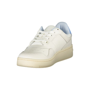 Tommy Hilfiger white polyurethane women's lace-up sneaker with a chunky cream sole and light blue heel accent.