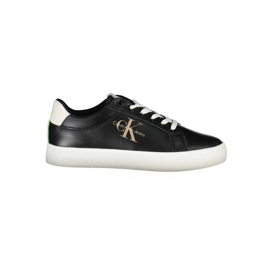 Black Calvin Klein polyester women's sneaker with white laces, white sole, and gold logo detailing.