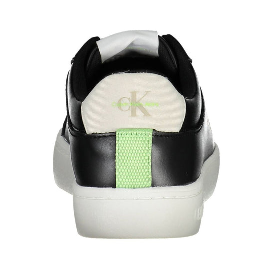Back view of a black polyester Calvin Klein sneaker with white heel detail, lime green accents, and a white sole.