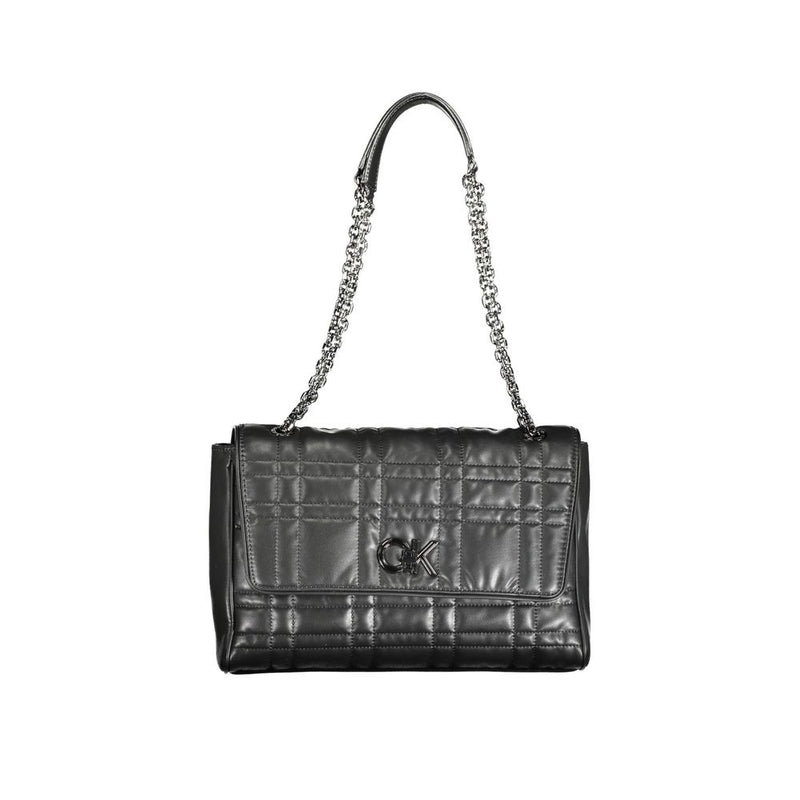 Black quilted polyester women's handbag with chain straps and flap closure