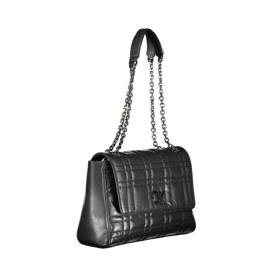 Black quilted polyester women's handbag with chain straps and flap closure