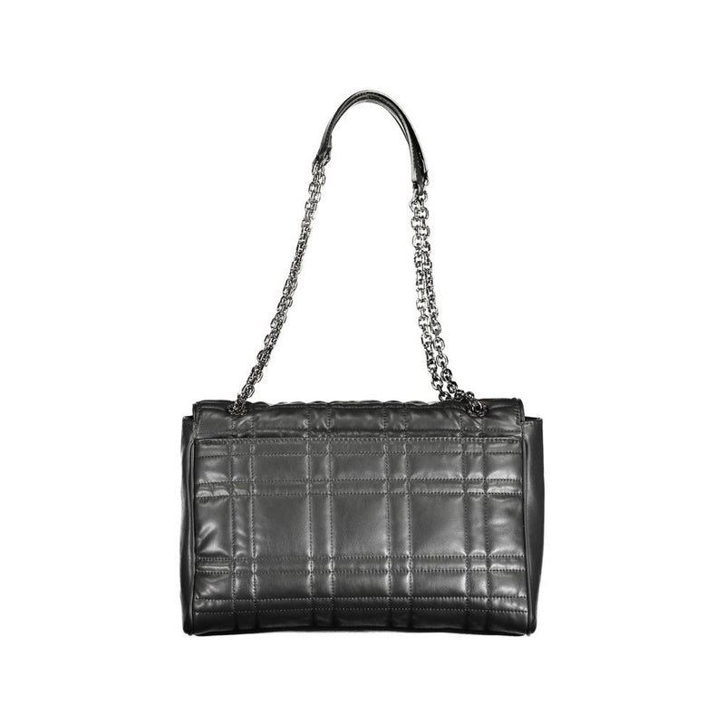 Black quilted polyester shoulder bag with metal chain strap