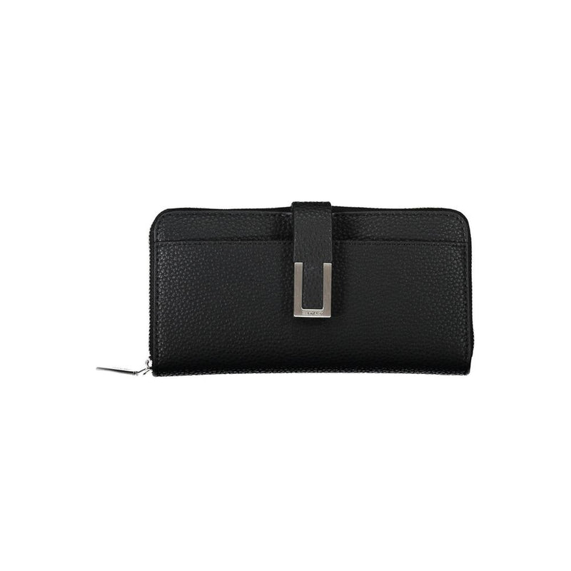 Black textured polyurethane zip-around women's wallet with a snap closure strap and silver hardware