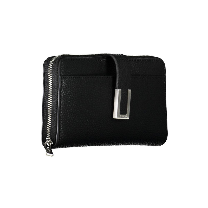 Black polyurethane Calvin Klein women's zip-around wallet with metal clasp accent