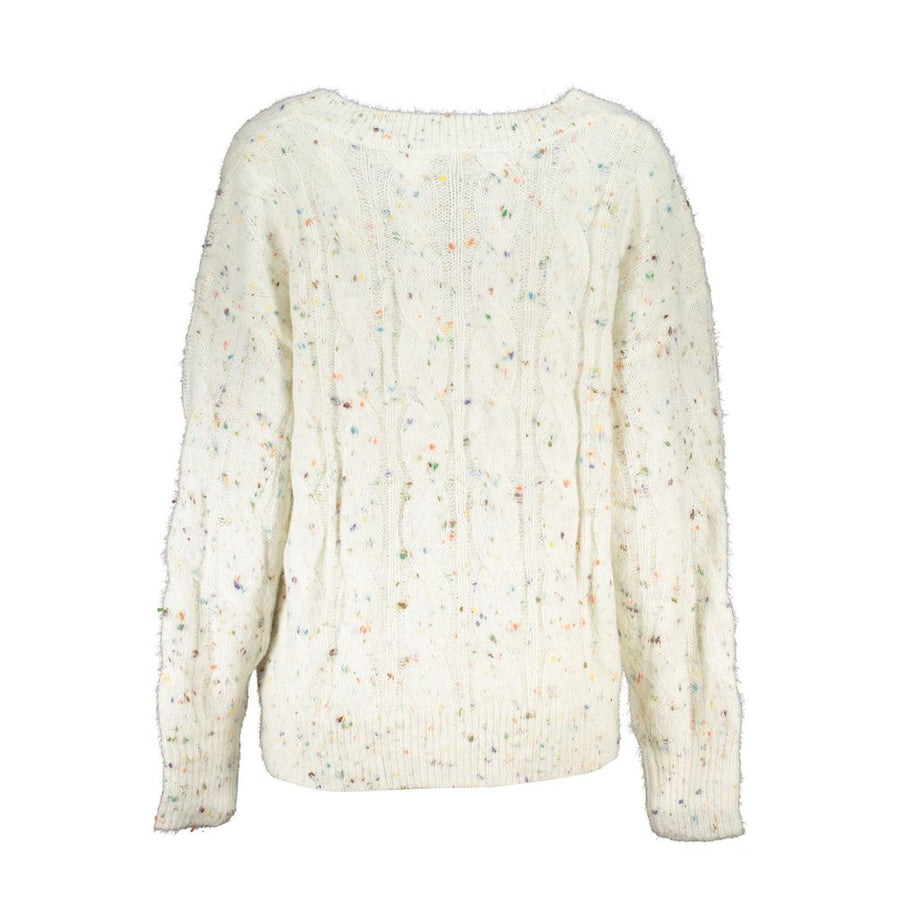 White acrylic V-neck sweater with colorful speckled details