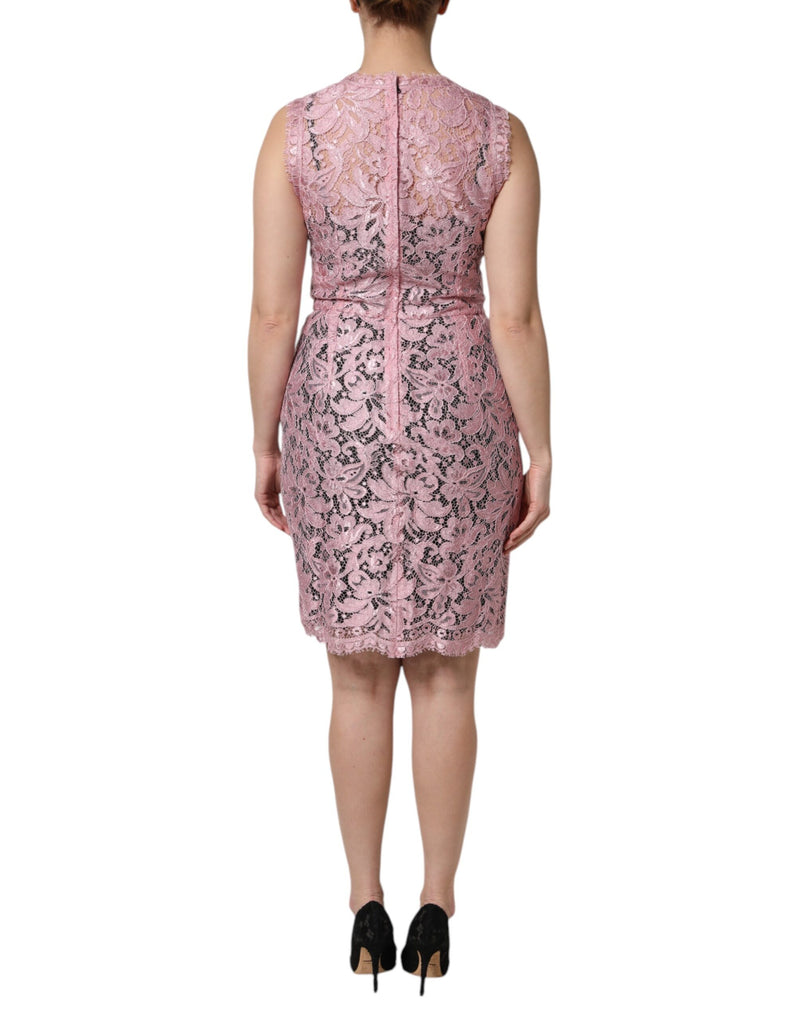 Pink floral lace sleeveless knee-length sheath dress viewed from the back
