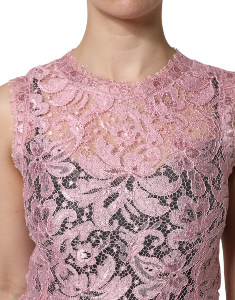 Pink floral lace sleeveless sheath dress with a black lining