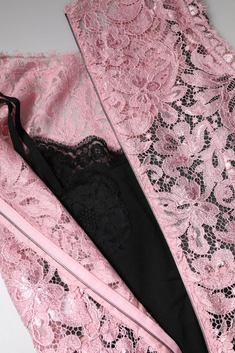 Pink floral lace sheath dress with a black slip layer and back zipper