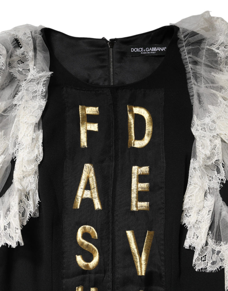 Black mini dress featuring white lace ruffle sleeves and gold embroidered letters on the front