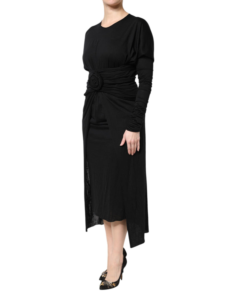 Black wool long sleeve sheath midi dress with ruched waist and rose detail