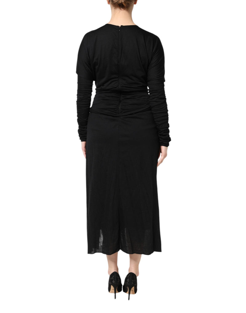 Black wool long-sleeved sheath midi dress from behind