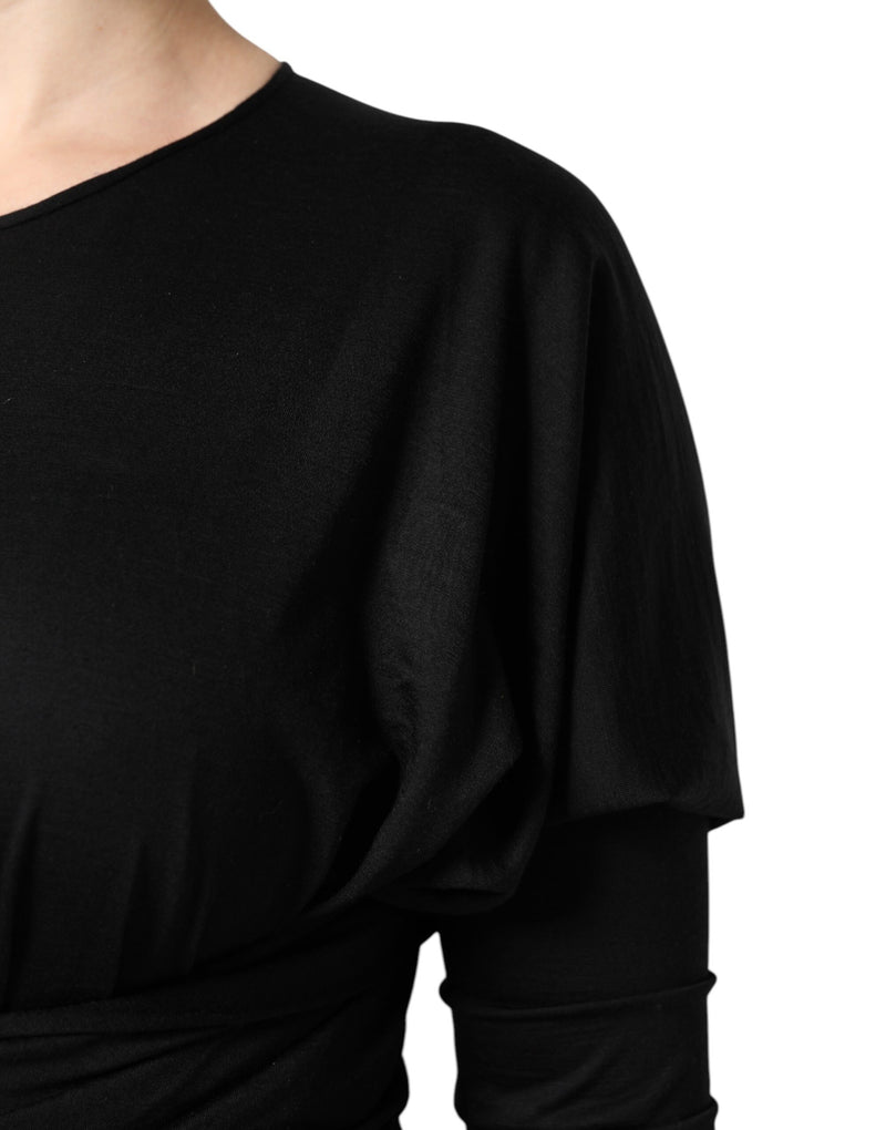 Black wool long sleeves sheath midi dress with draped shoulders