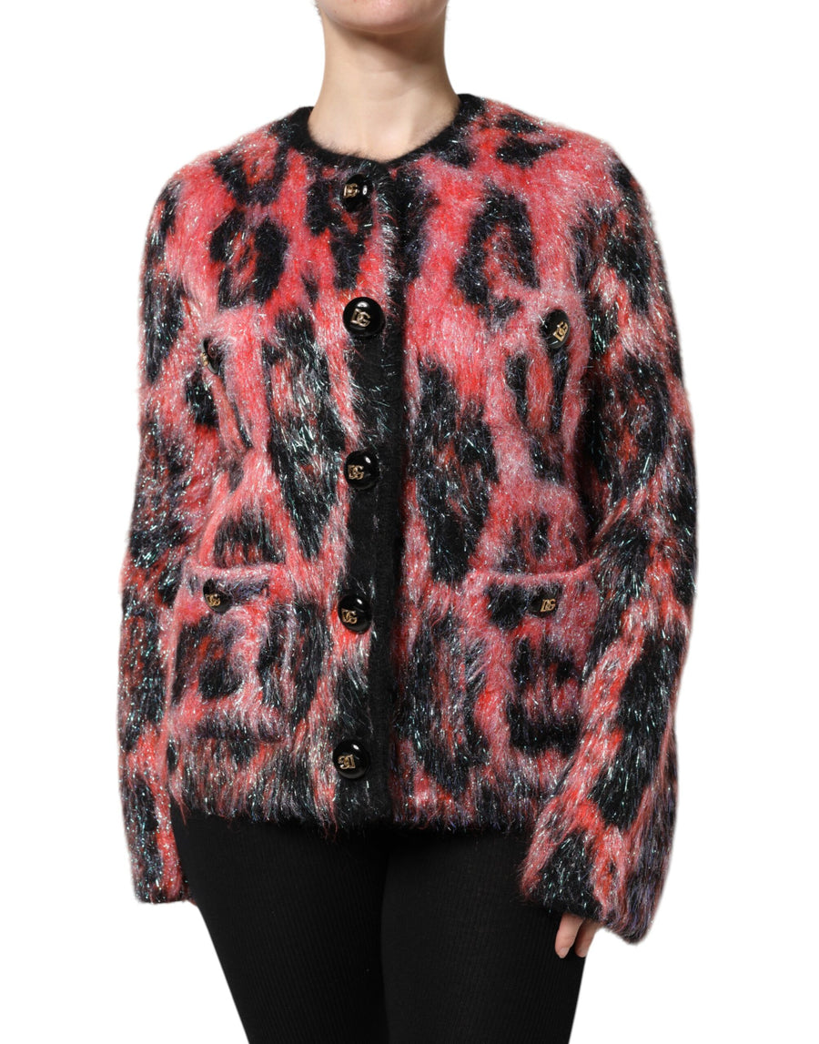 Red and black leopard print mohair wool button down cardigan sweater