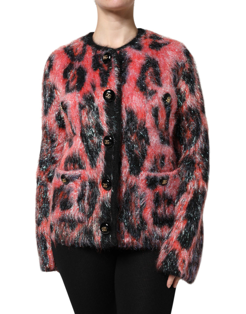 Red and black leopard print mohair wool button down cardigan sweater