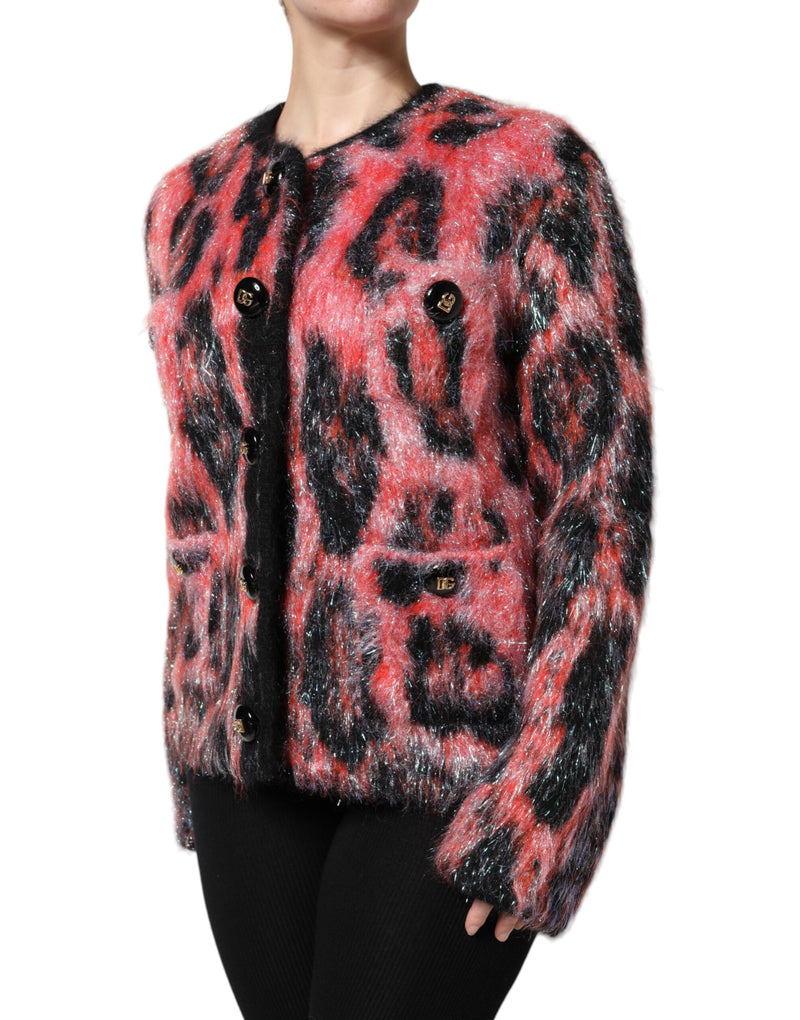 Red and black fuzzy mohair wool leopard print button down cardigan sweater with black trim