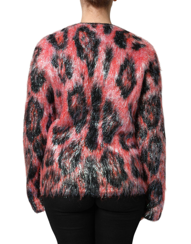 Red and black leopard print fuzzy mohair wool cardigan sweater viewed from the back