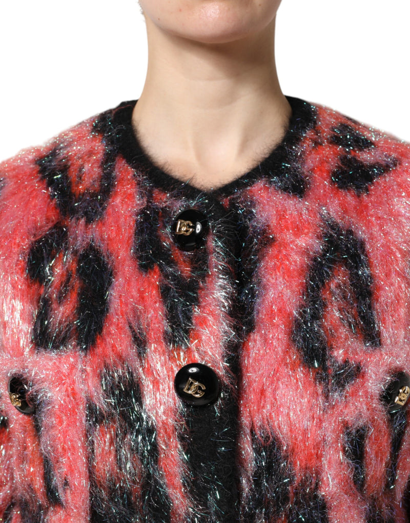 Red and black fuzzy mohair wool button-down cardigan sweater with metallic sheen