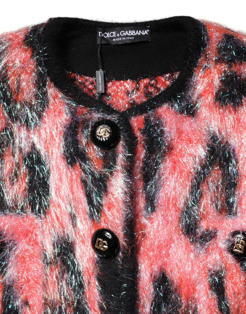 Red and black fuzzy mohair wool button-down cardigan sweater