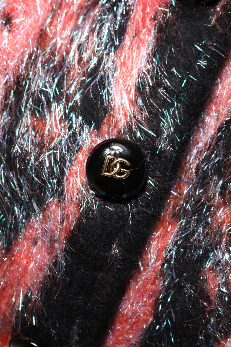 Red and black fuzzy mohair wool button-down cardigan with a black and gold DG logo button